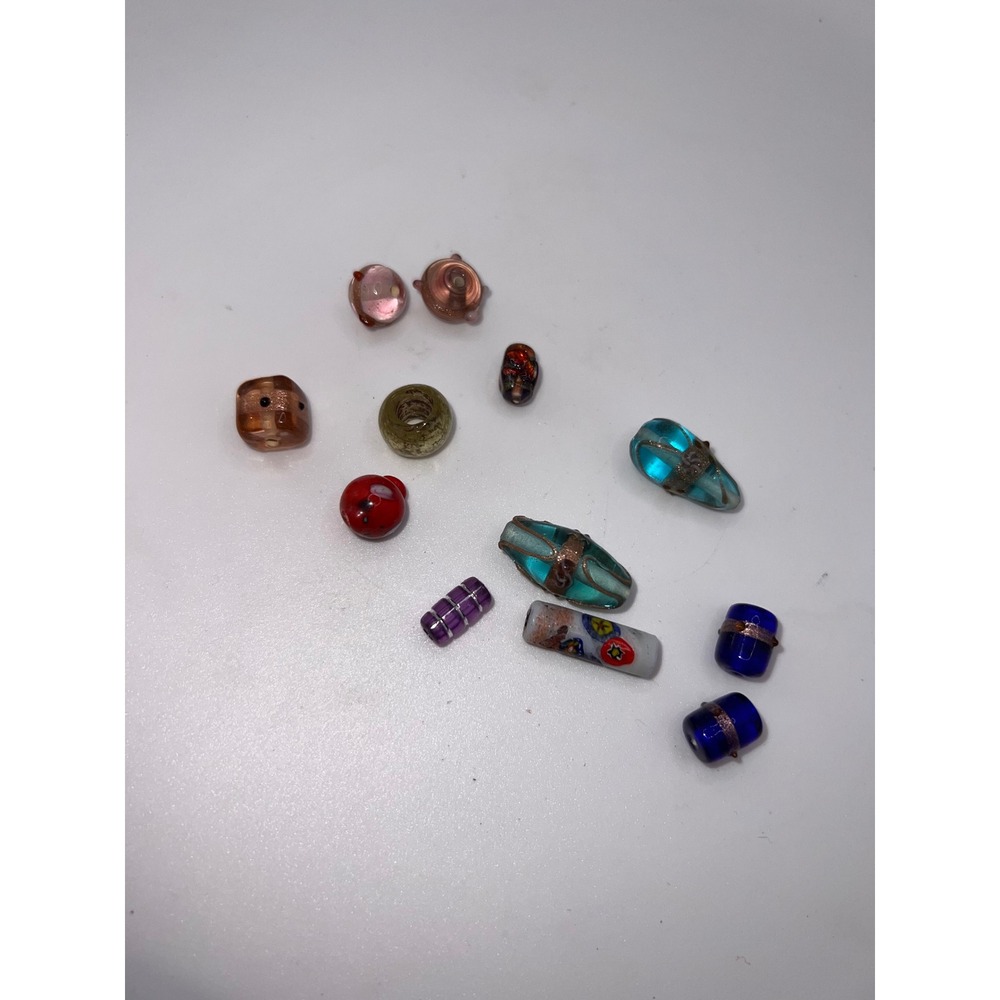 Vintage Mix Lot of Glass Beads Oval Cylinder Lampwork Colorful Set of 12 Crafts